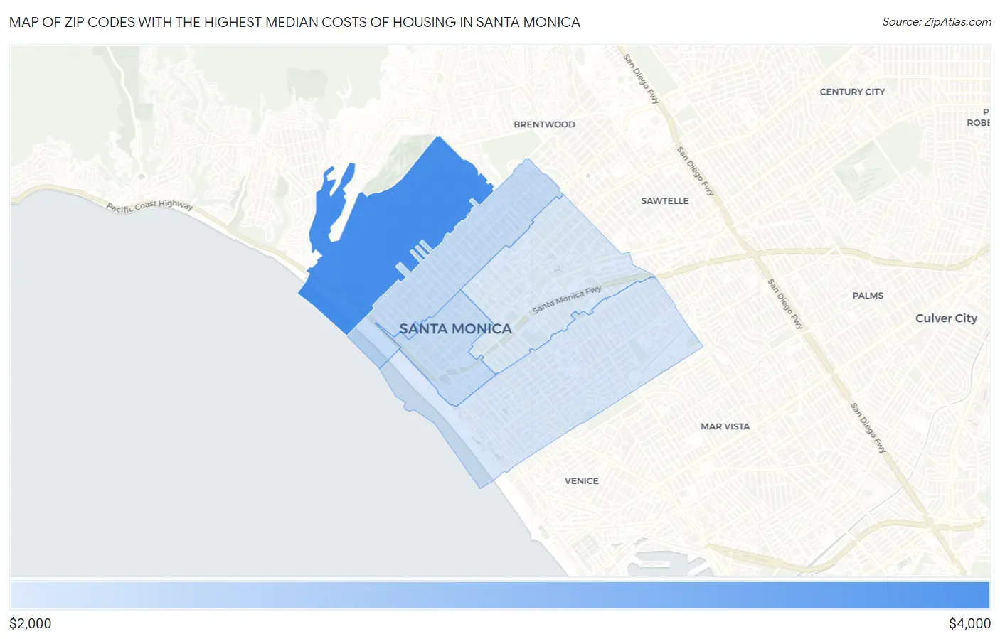 Zip Codes with the Highest Median Costs of Housing in Santa Monica Map
