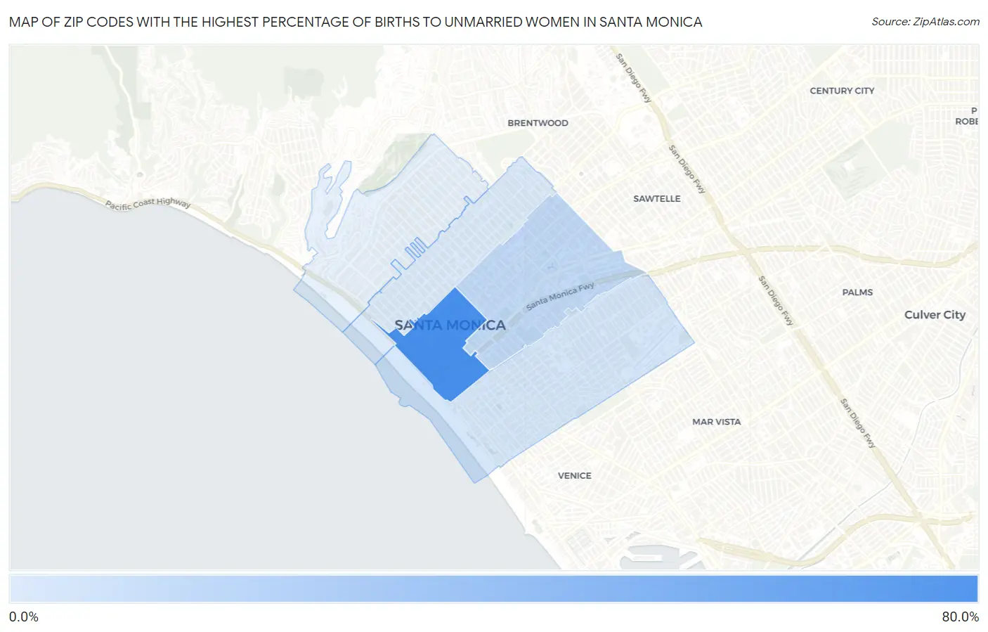 Zip Codes with the Highest Percentage of Births to Unmarried Women in Santa Monica Map