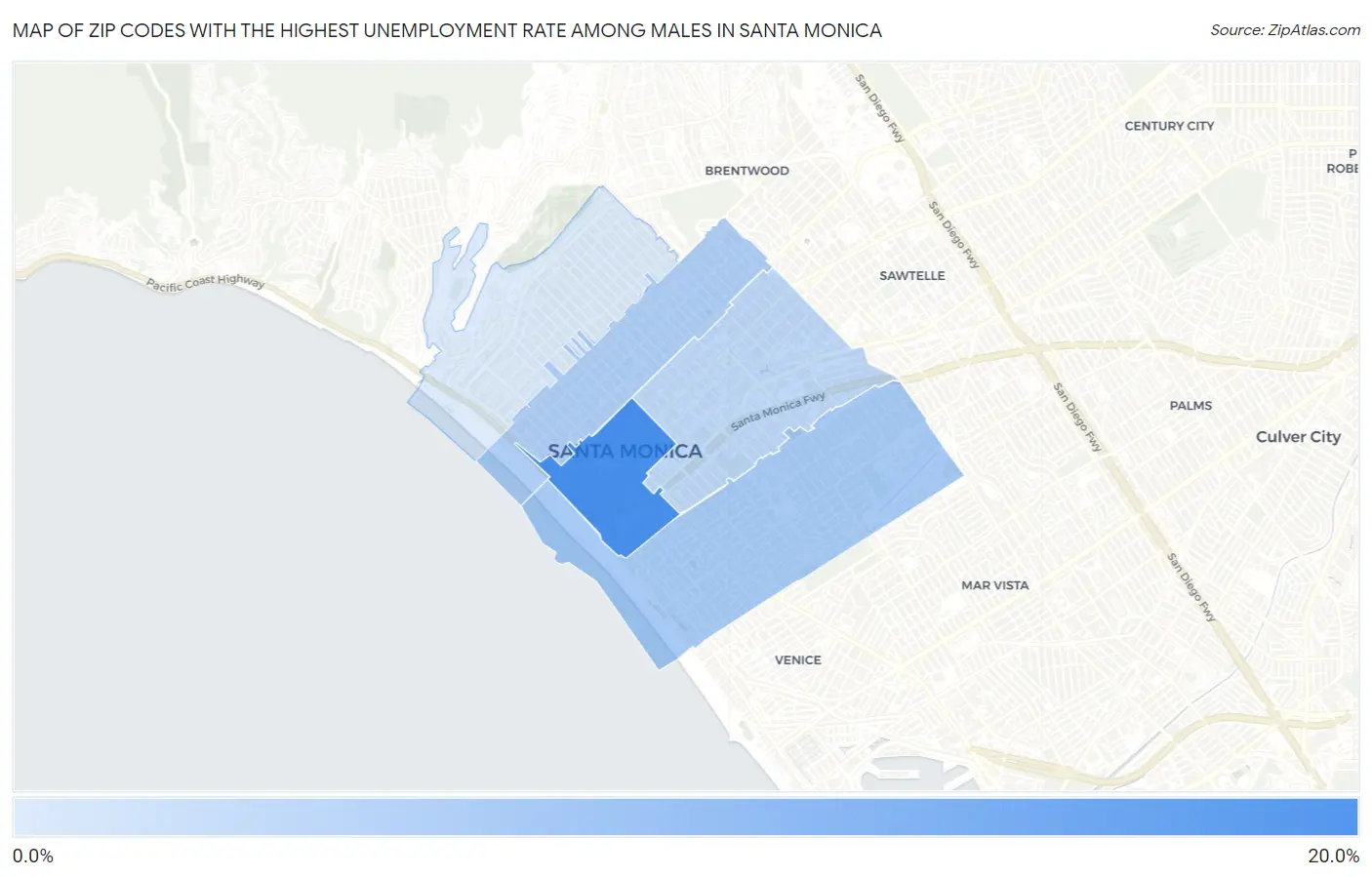 Zip Codes with the Highest Unemployment Rate Among Males in Santa Monica Map