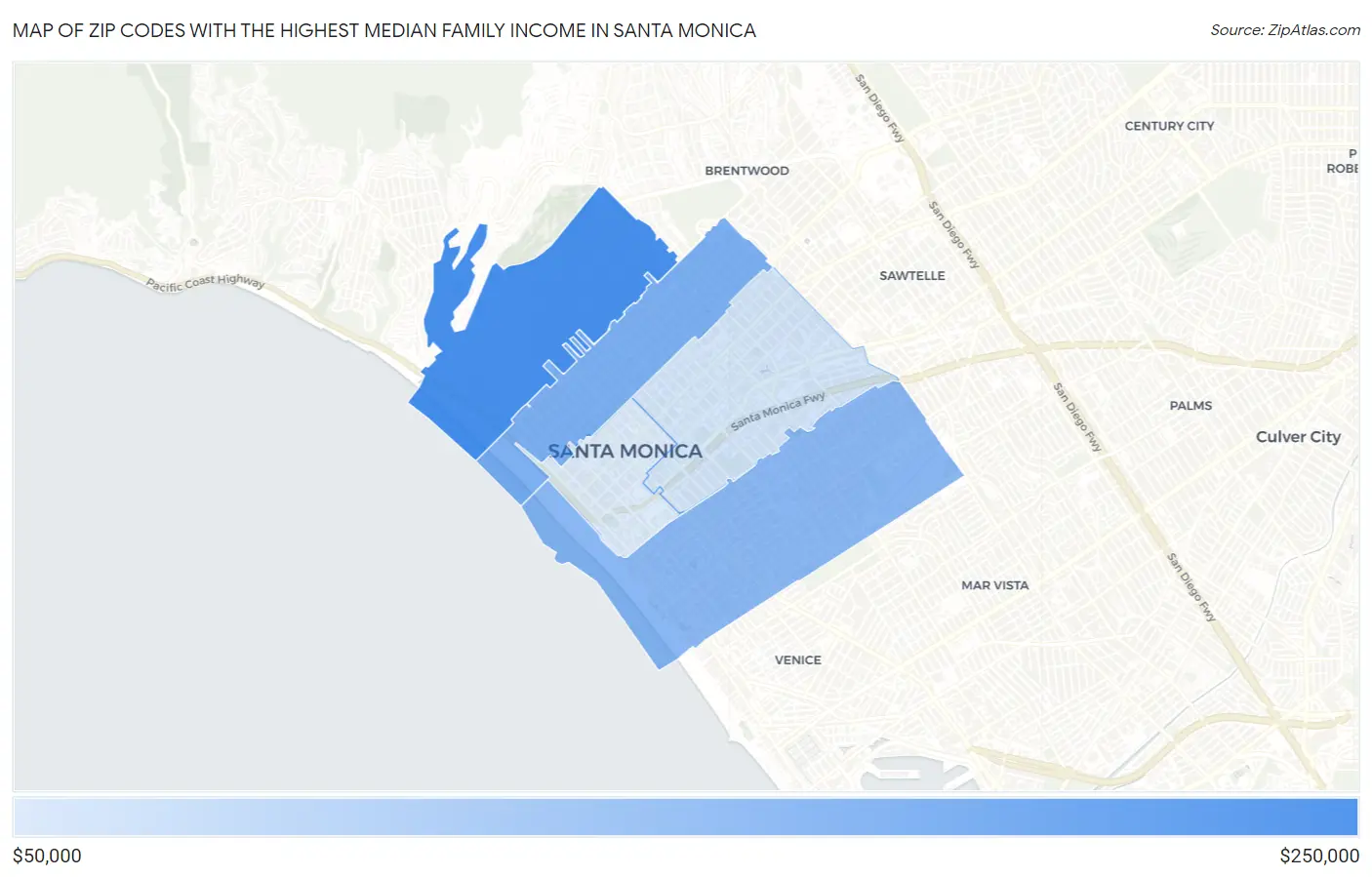 Zip Codes with the Highest Median Family Income in Santa Monica Map