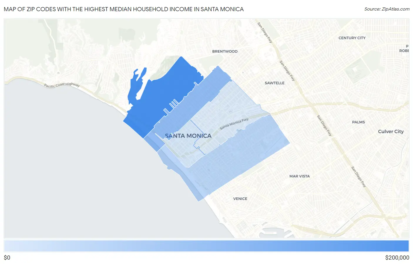 Zip Codes with the Highest Median Household Income in Santa Monica Map