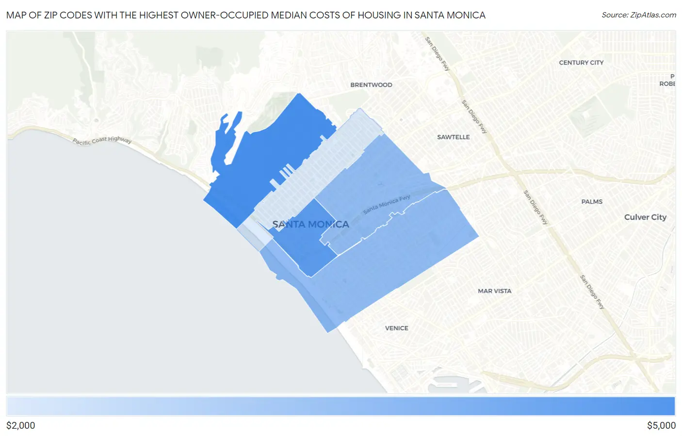 Zip Codes with the Highest Owner-Occupied Median Costs of Housing in Santa Monica Map