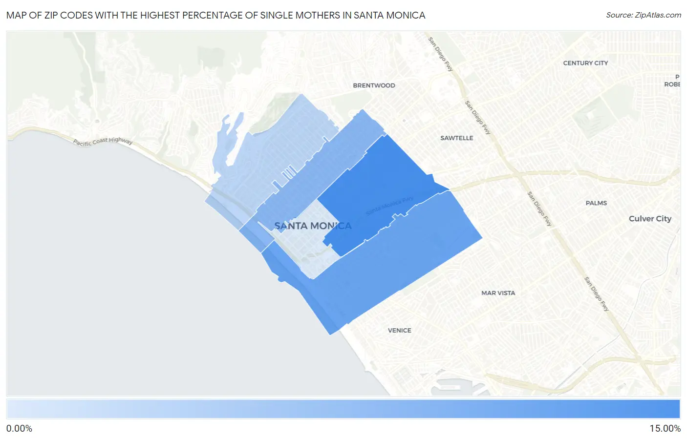 Zip Codes with the Highest Percentage of Single Mothers in Santa Monica Map