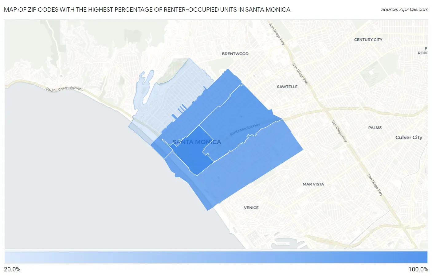 Zip Codes with the Highest Percentage of Renter-Occupied Units in Santa Monica Map