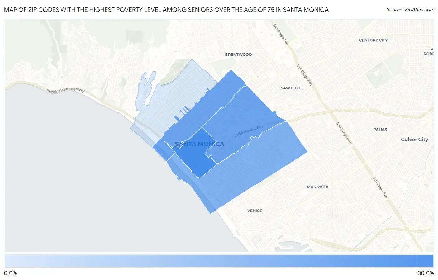 Zip Codes with the Highest Poverty Level Among Seniors Over the Age of 75 in Santa Monica Map