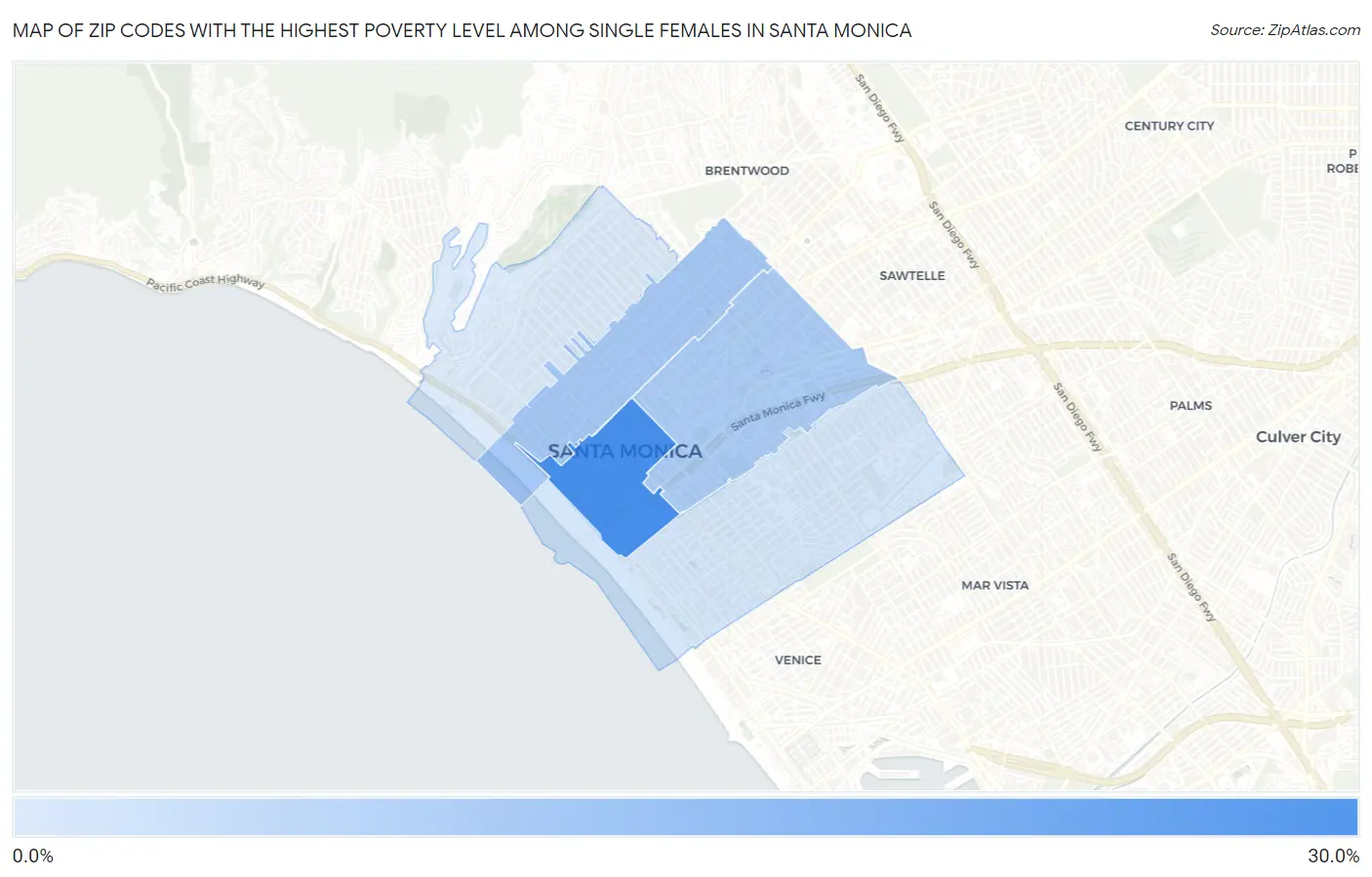 Zip Codes with the Highest Poverty Level Among Single Females in Santa Monica Map