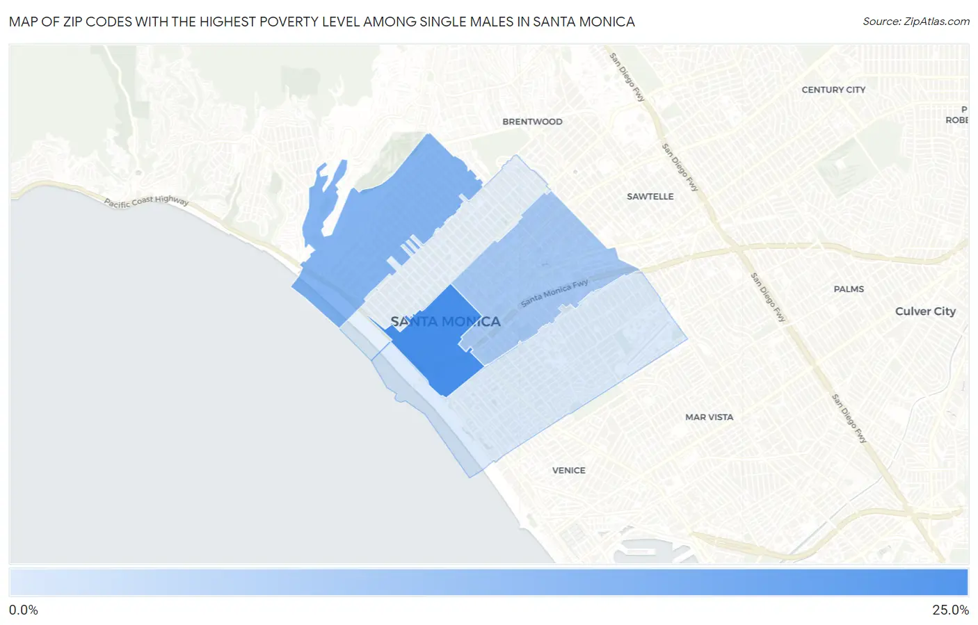 Zip Codes with the Highest Poverty Level Among Single Males in Santa Monica Map