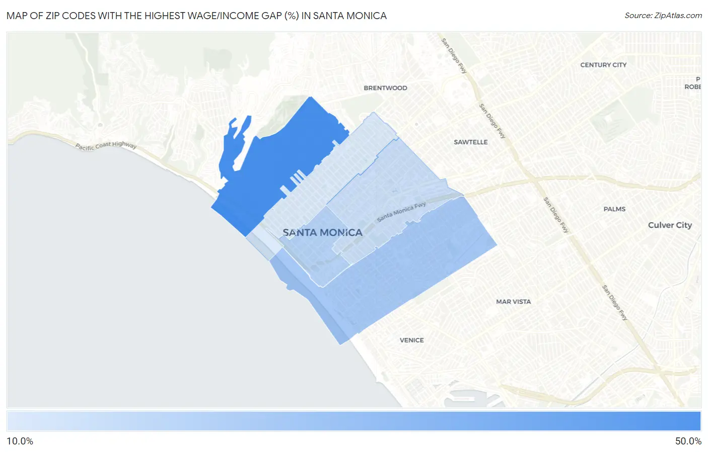 Zip Codes with the Highest Wage/Income Gap (%) in Santa Monica Map