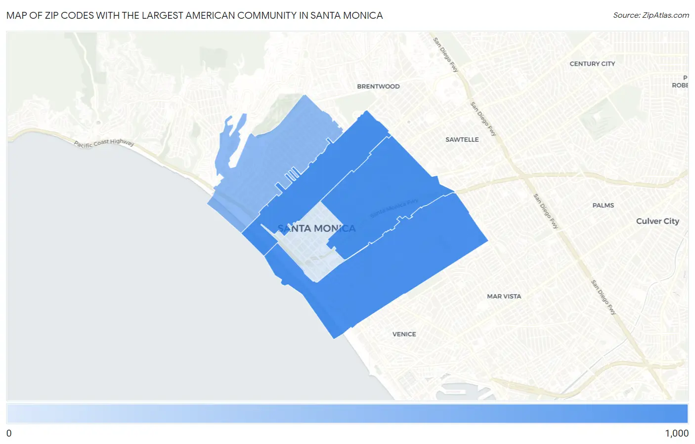 Zip Codes with the Largest American Community in Santa Monica Map