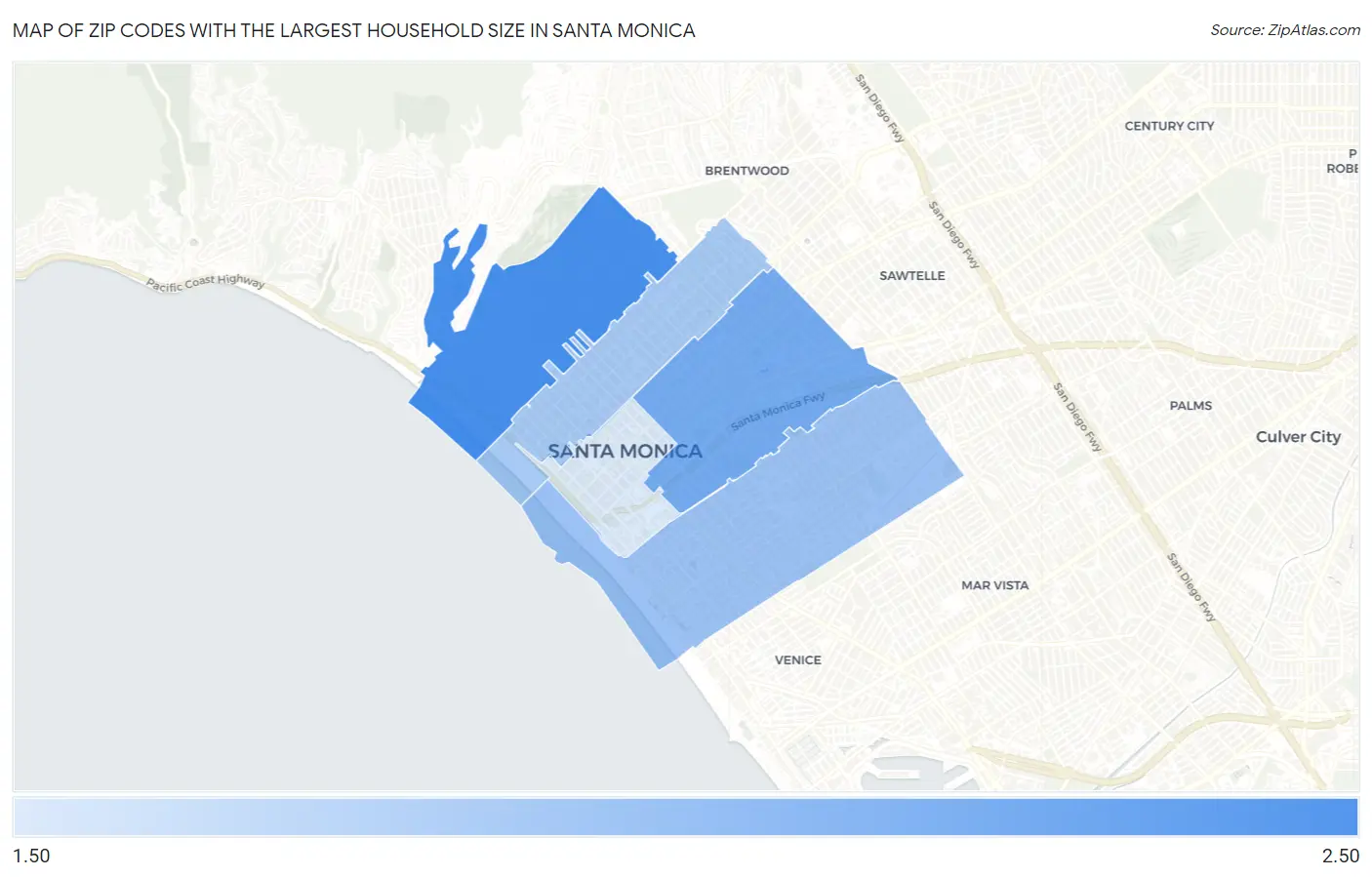 Zip Codes with the Largest Household Size in Santa Monica Map