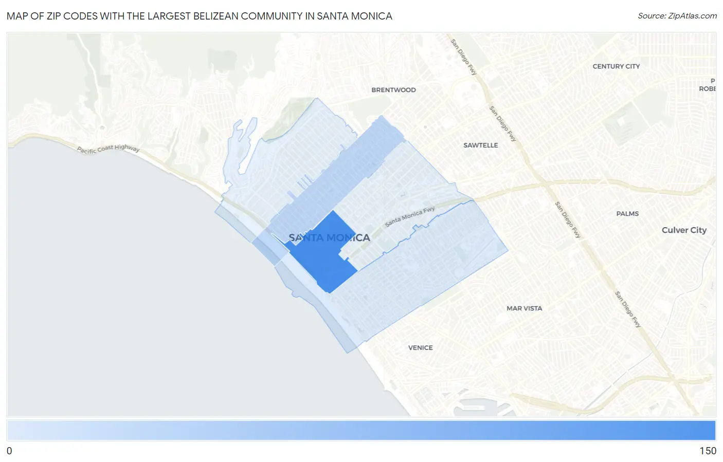 Zip Codes with the Largest Belizean Community in Santa Monica Map
