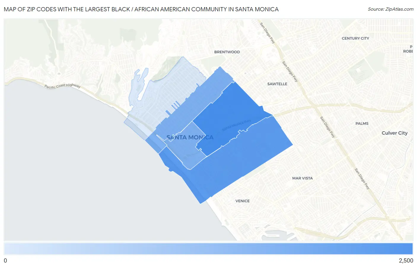 Zip Codes with the Largest Black / African American Community in Santa Monica Map