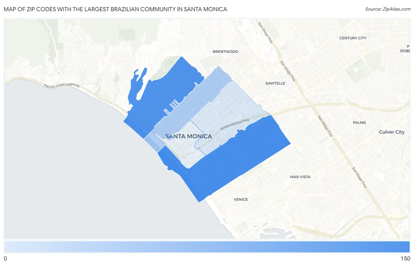 Zip Codes with the Largest Brazilian Community in Santa Monica Map