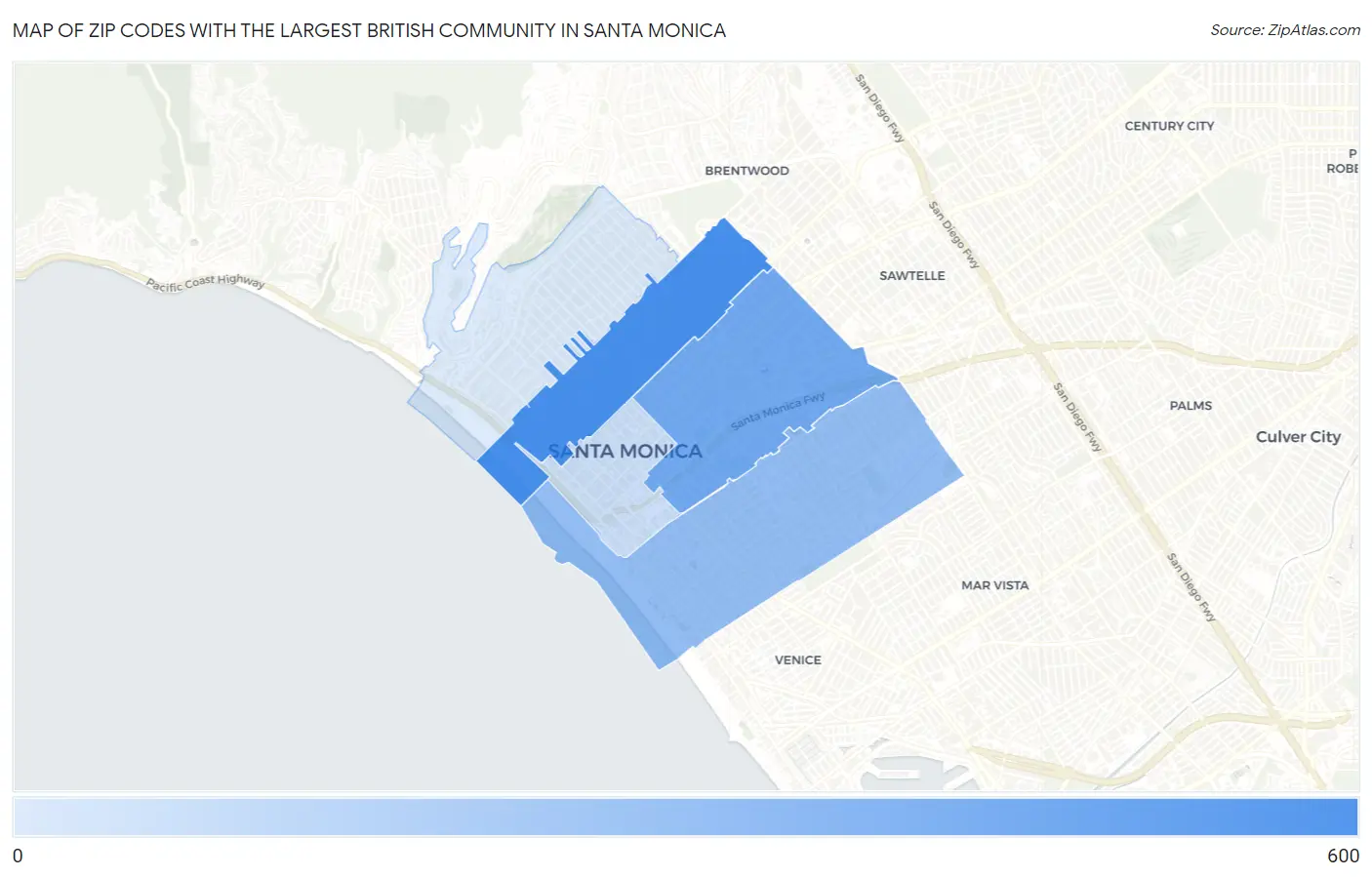 Zip Codes with the Largest British Community in Santa Monica Map