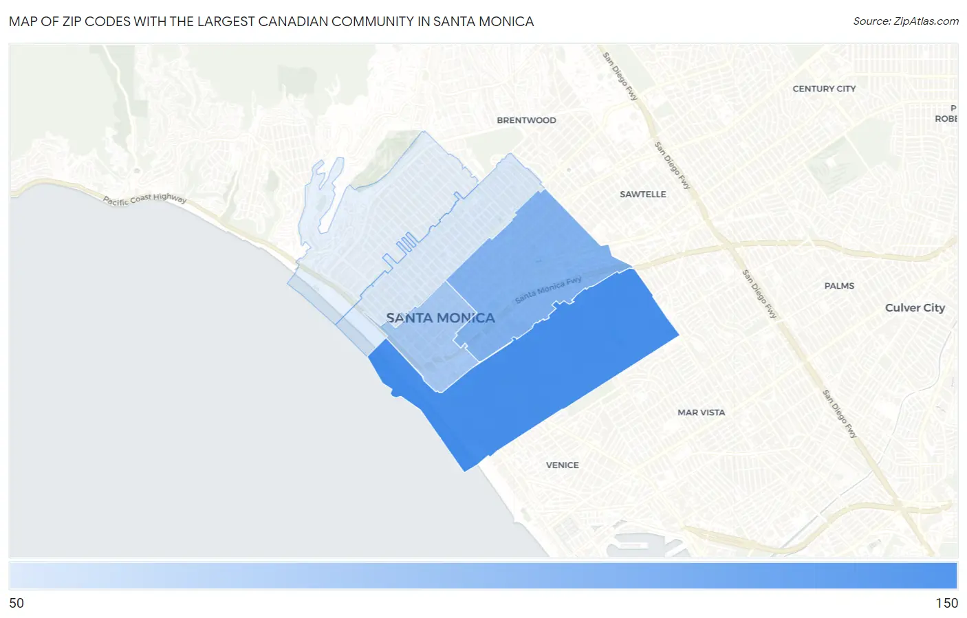 Zip Codes with the Largest Canadian Community in Santa Monica Map