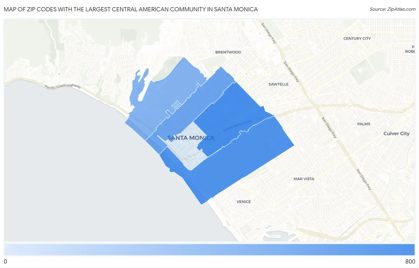 Zip Codes with the Largest Central American Community in Santa Monica Map