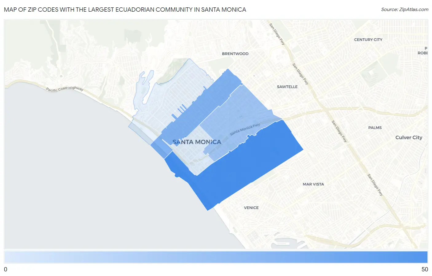 Zip Codes with the Largest Ecuadorian Community in Santa Monica Map