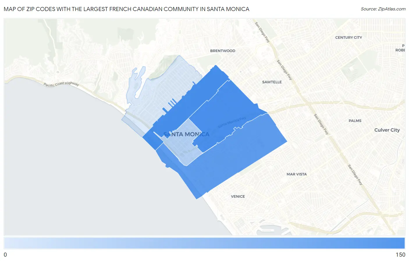 Zip Codes with the Largest French Canadian Community in Santa Monica Map