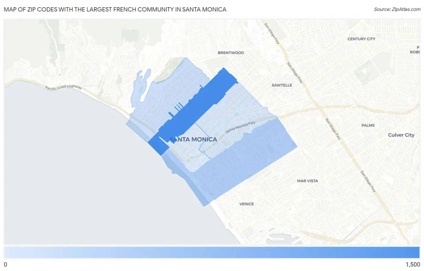 Zip Codes with the Largest French Community in Santa Monica Map