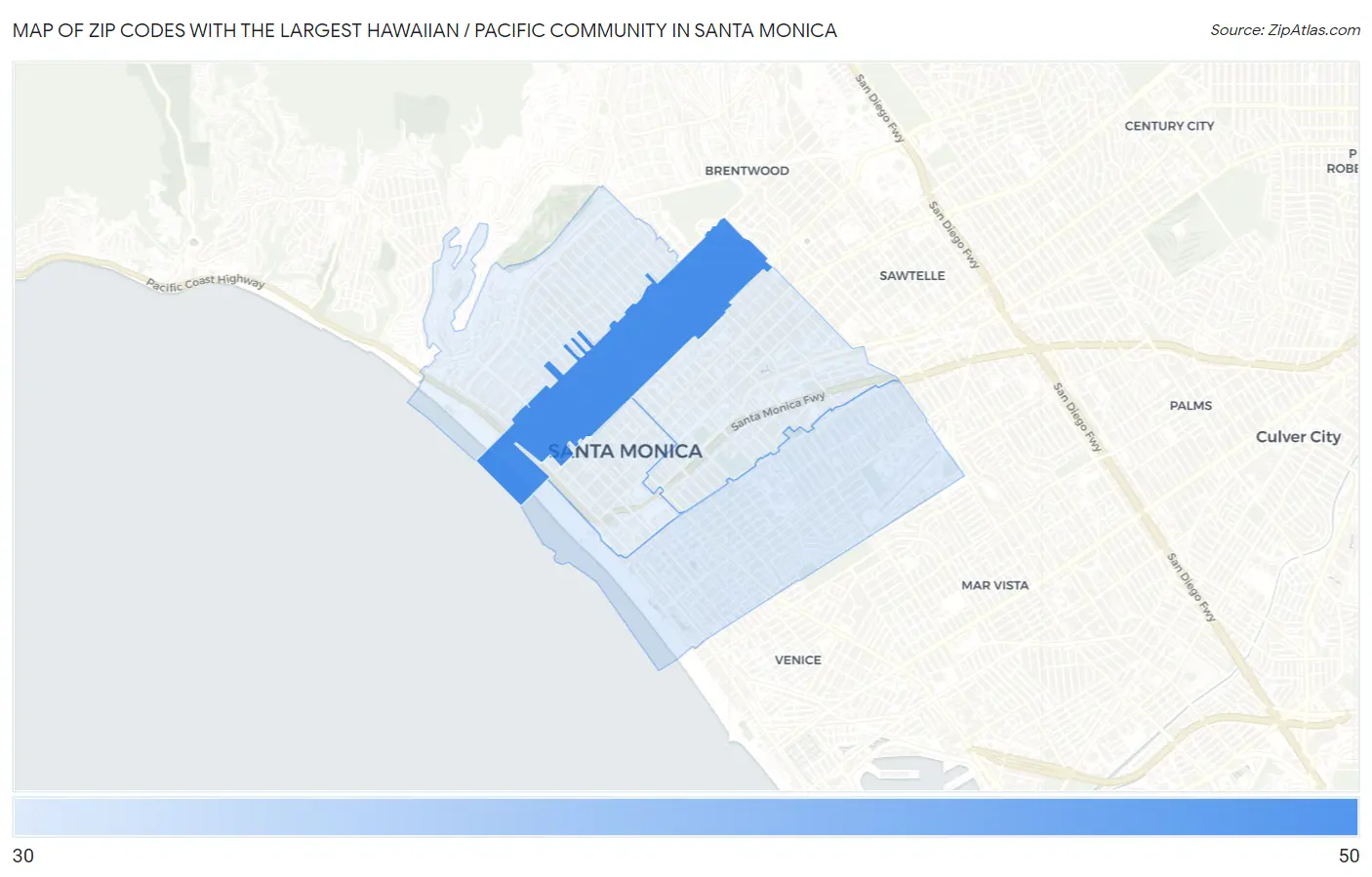Zip Codes with the Largest Hawaiian / Pacific Community in Santa Monica Map