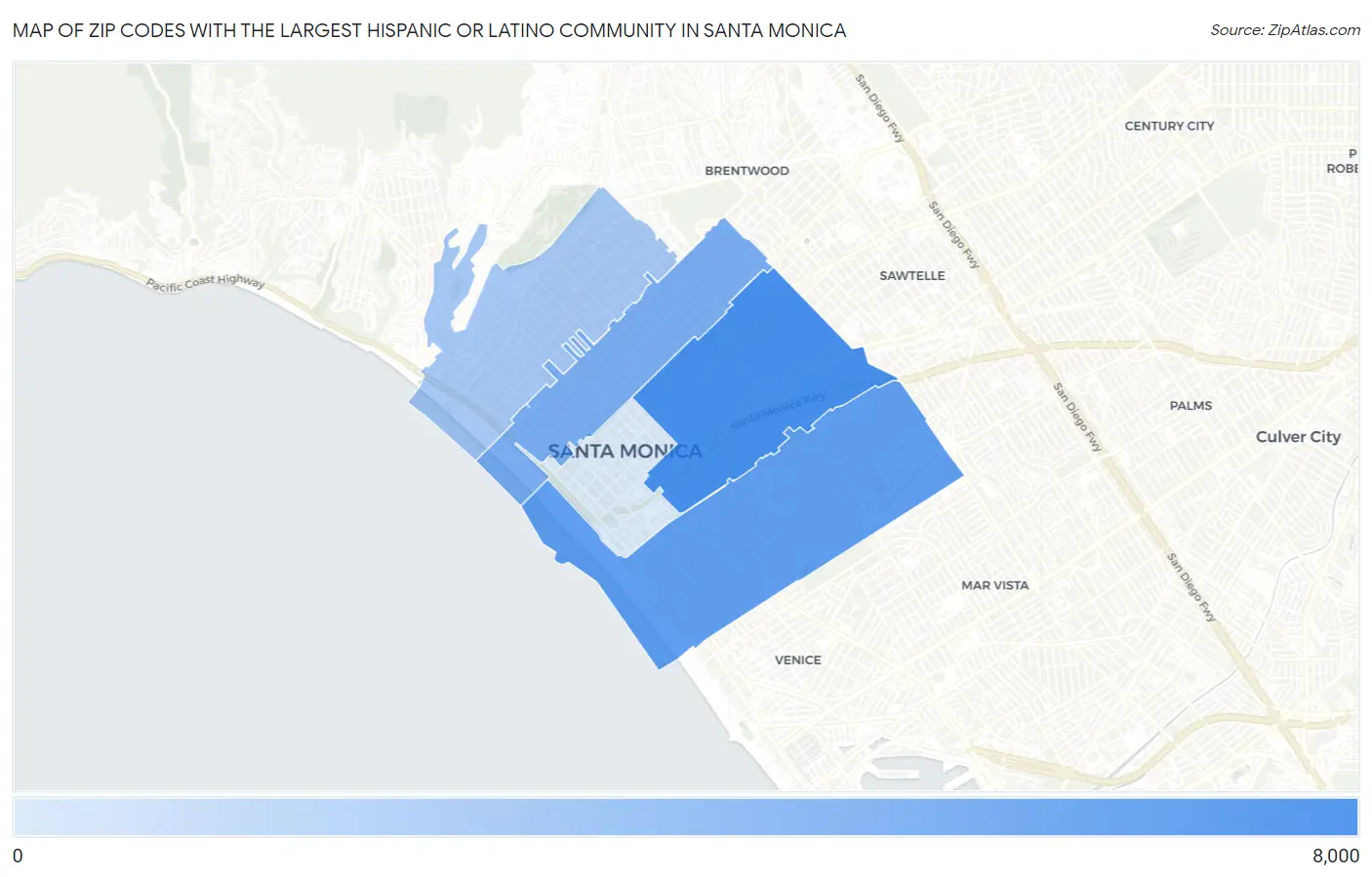 Zip Codes with the Largest Hispanic or Latino Community in Santa Monica Map