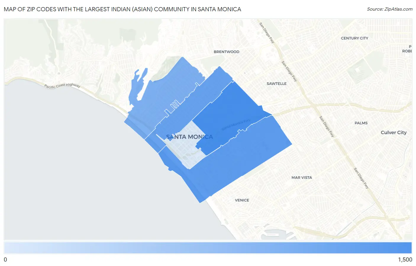 Zip Codes with the Largest Indian (Asian) Community in Santa Monica Map
