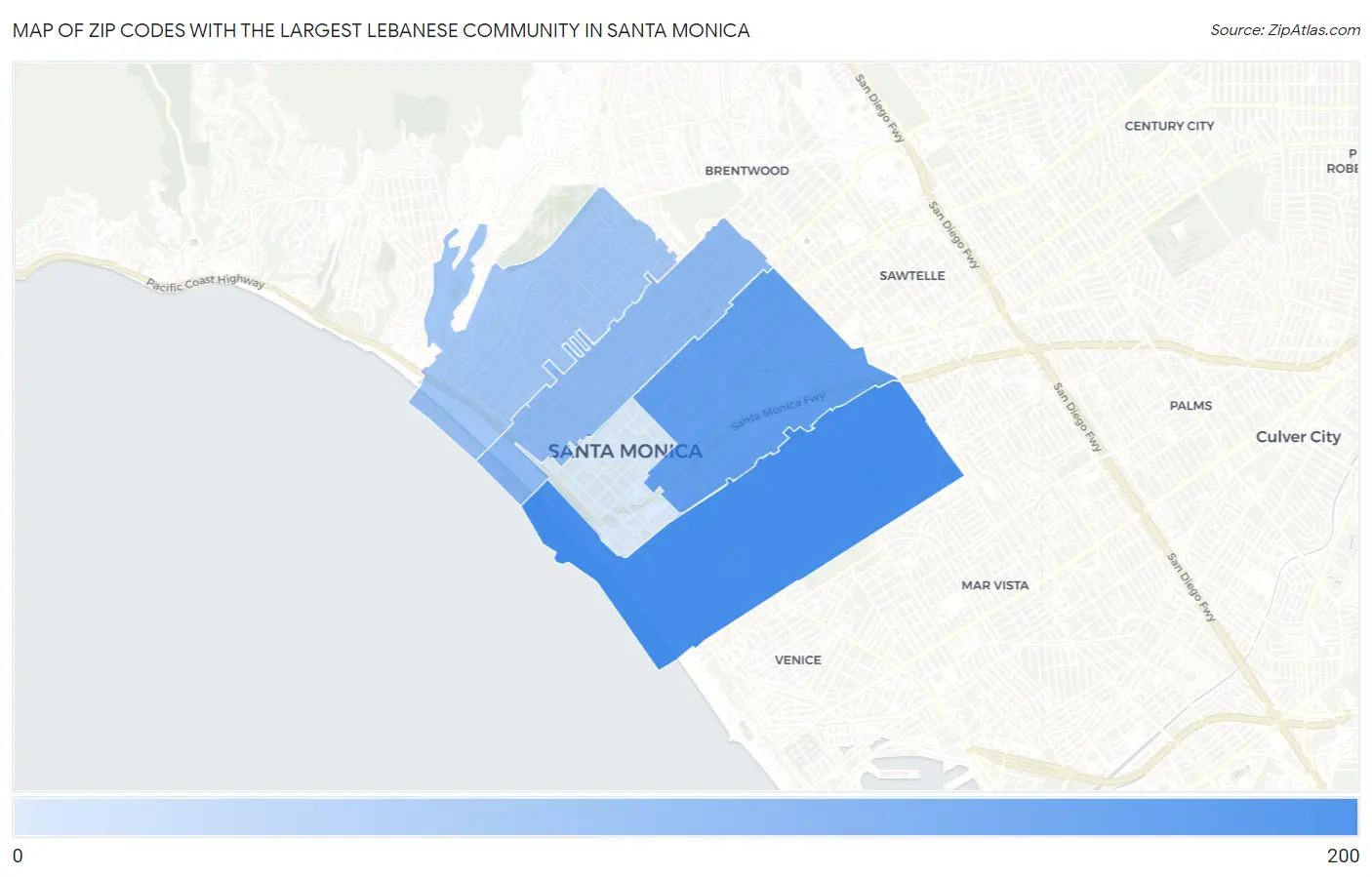 Zip Codes with the Largest Lebanese Community in Santa Monica Map