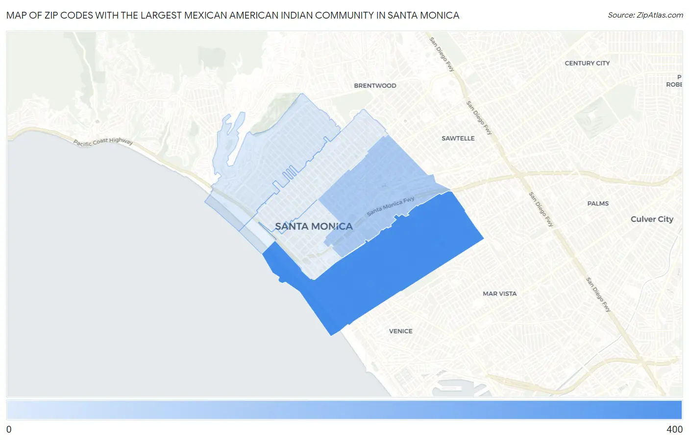 Zip Codes with the Largest Mexican American Indian Community in Santa Monica Map