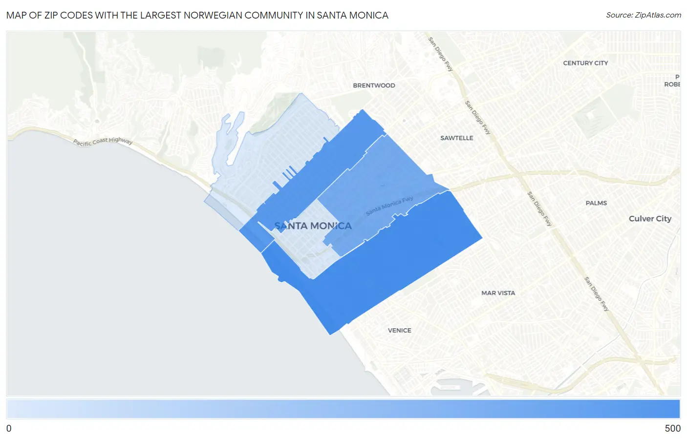 Zip Codes with the Largest Norwegian Community in Santa Monica Map