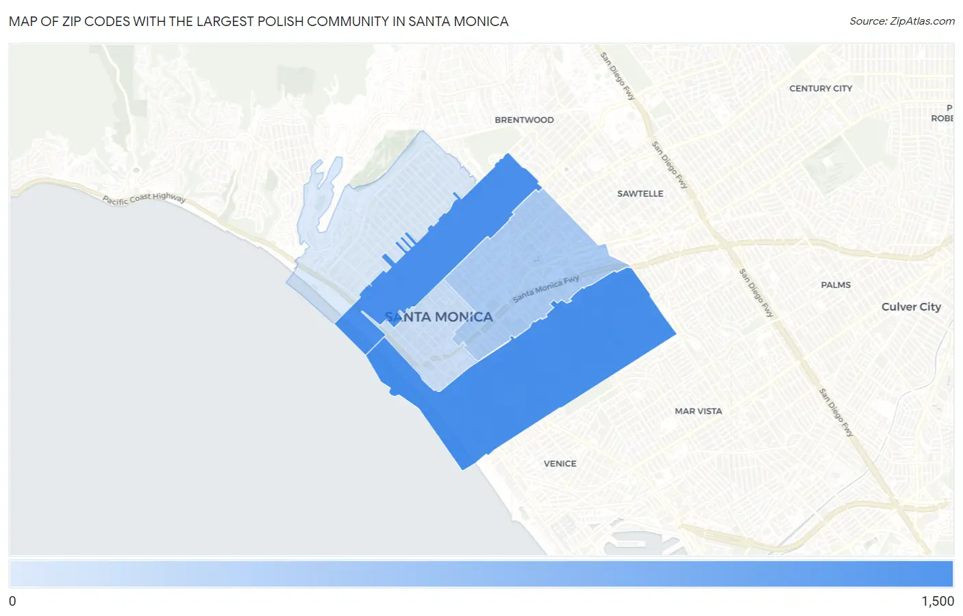 Zip Codes with the Largest Polish Community in Santa Monica Map