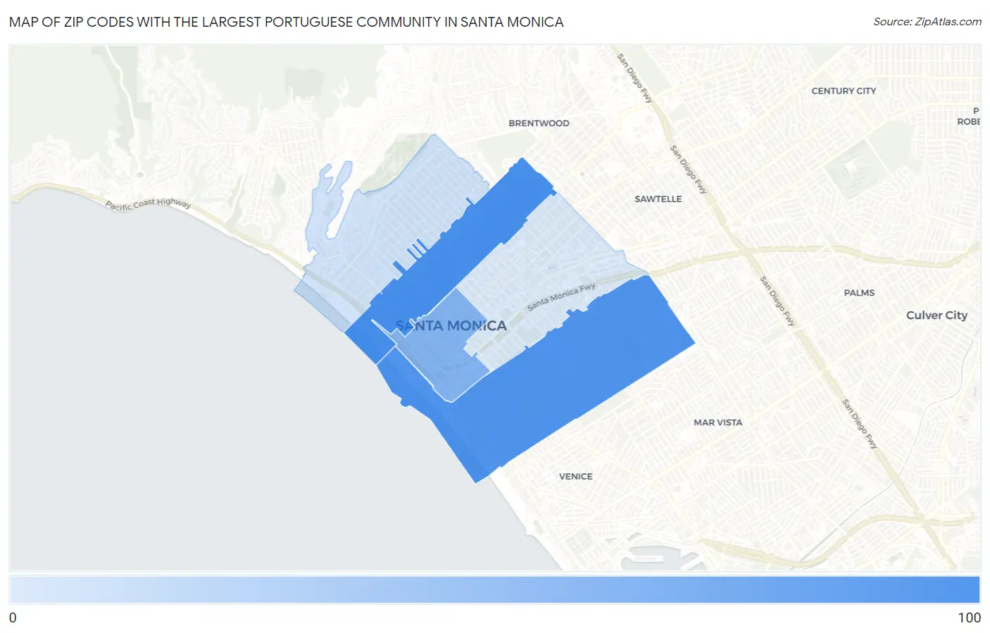 Zip Codes with the Largest Portuguese Community in Santa Monica Map