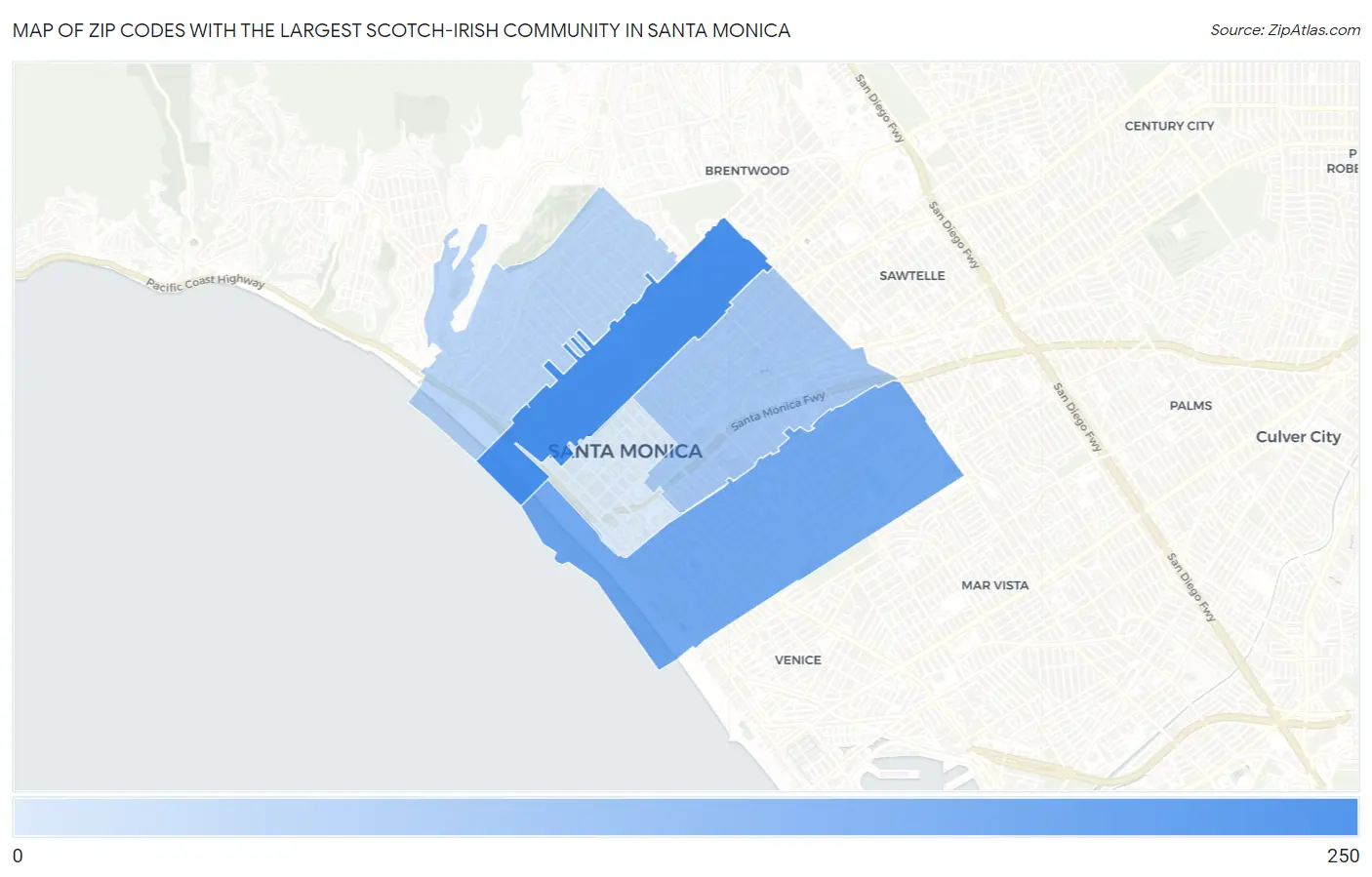 Zip Codes with the Largest Scotch-Irish Community in Santa Monica Map