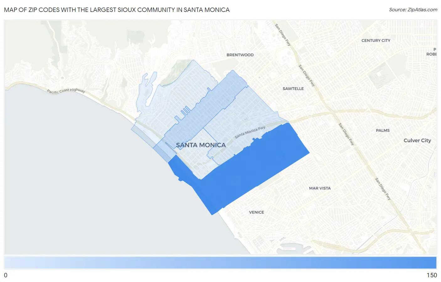 Zip Codes with the Largest Sioux Community in Santa Monica Map