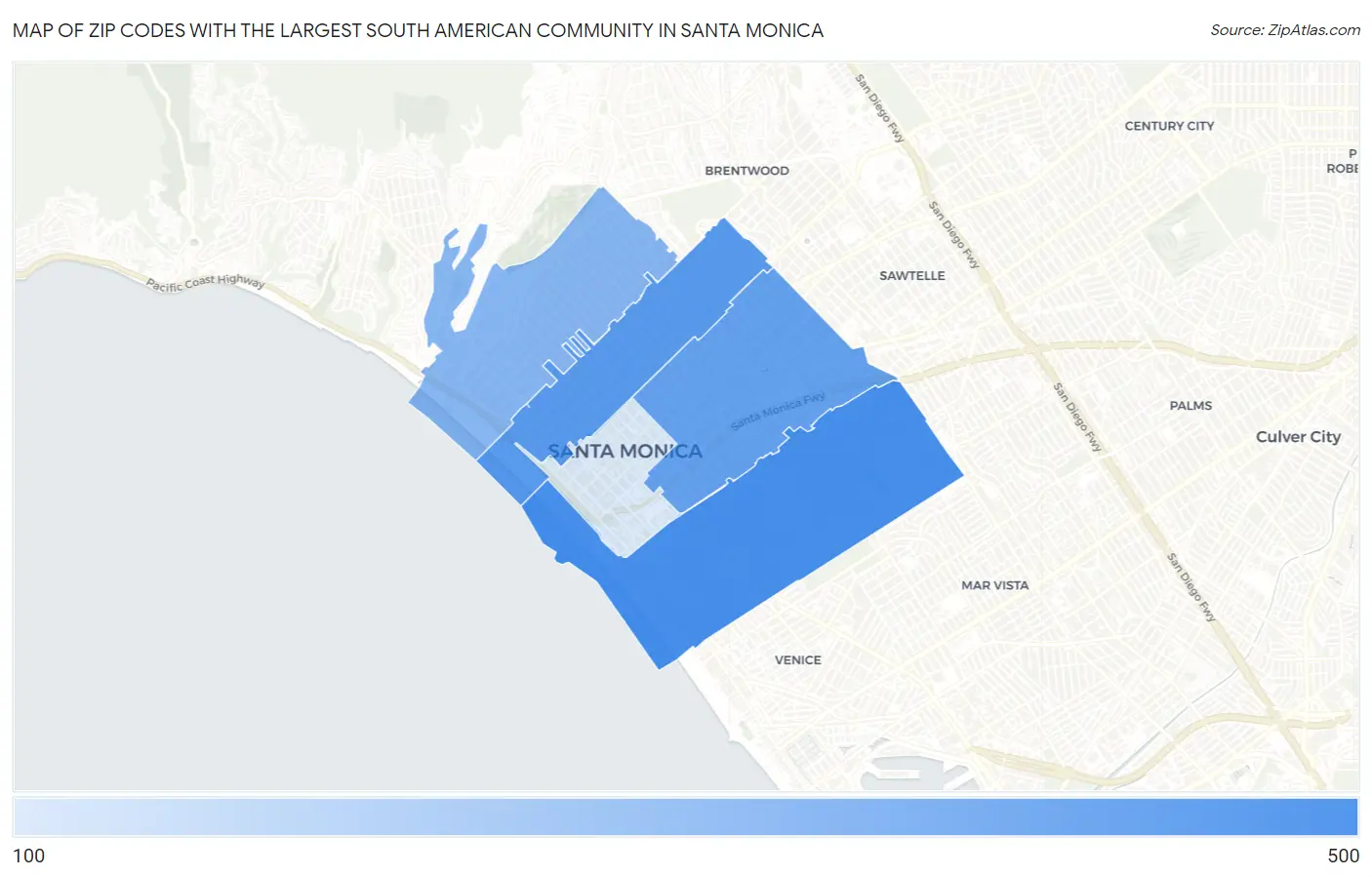 Zip Codes with the Largest South American Community in Santa Monica Map