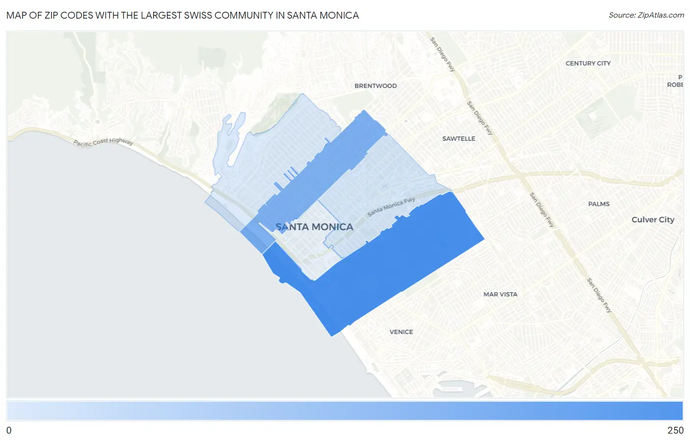 Zip Codes with the Largest Swiss Community in Santa Monica Map