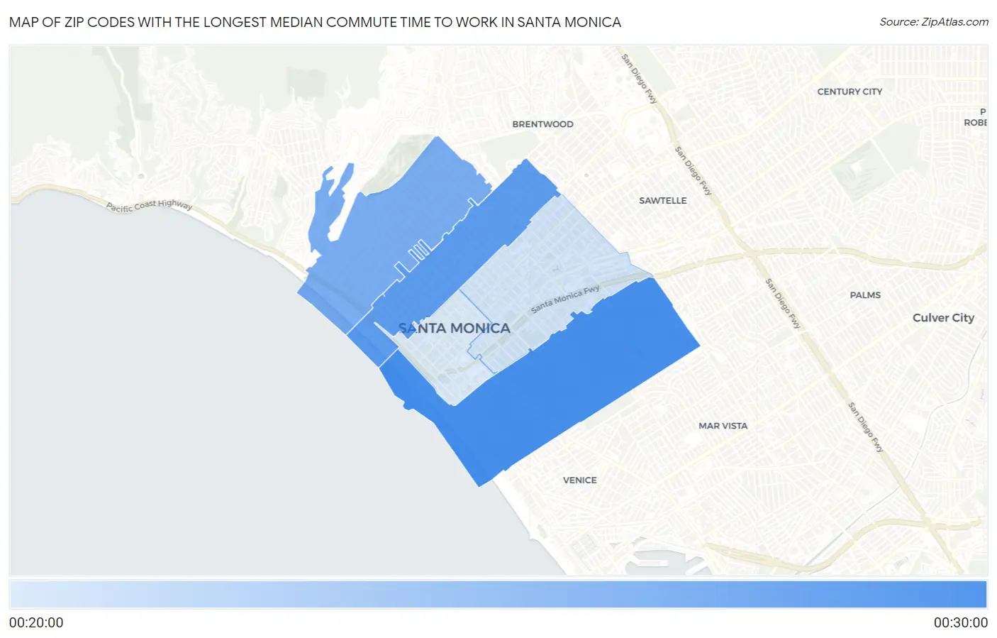 Zip Codes with the Longest Median Commute Time to Work in Santa Monica Map