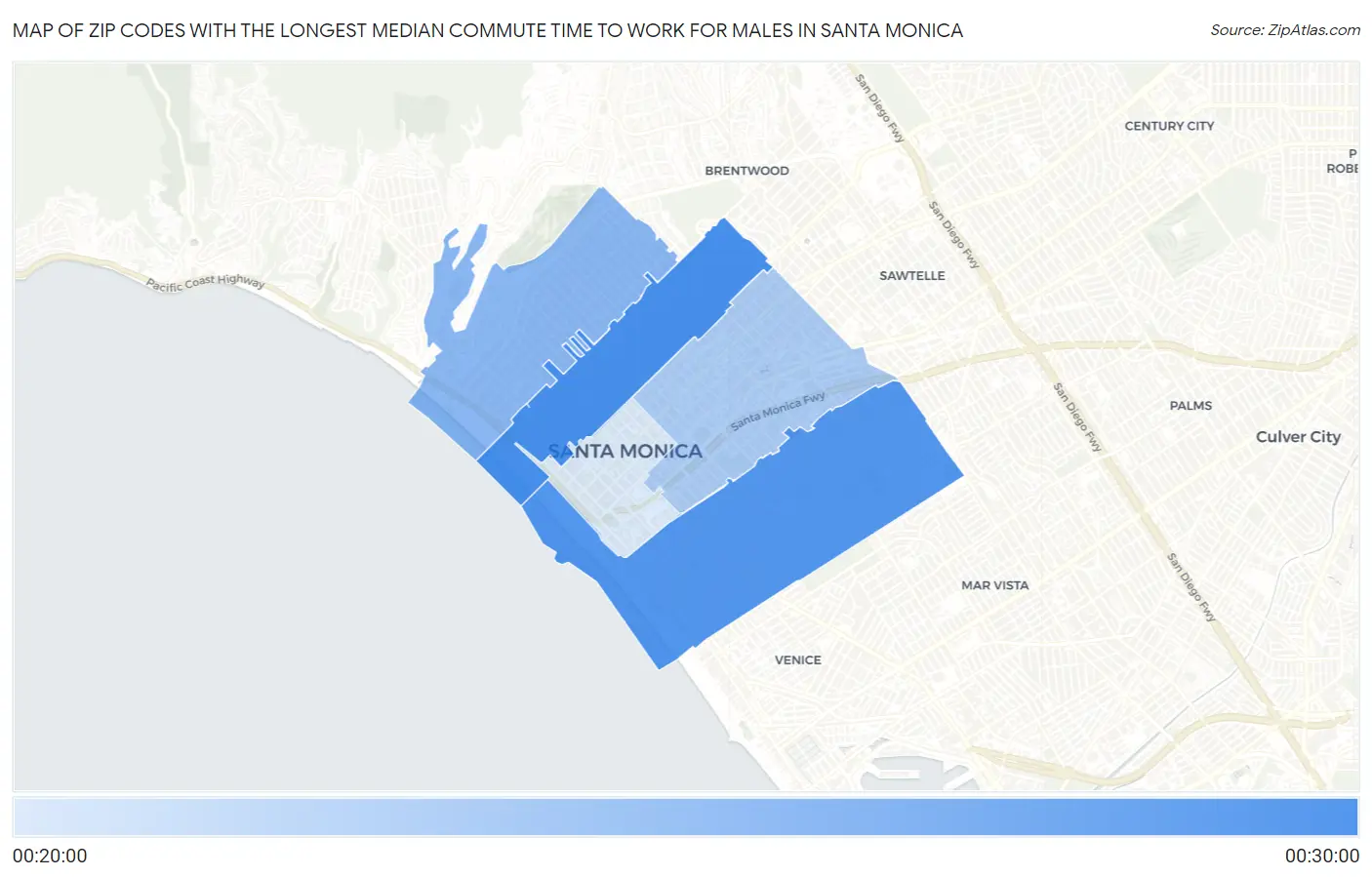 Zip Codes with the Longest Median Commute Time to Work for Males in Santa Monica Map