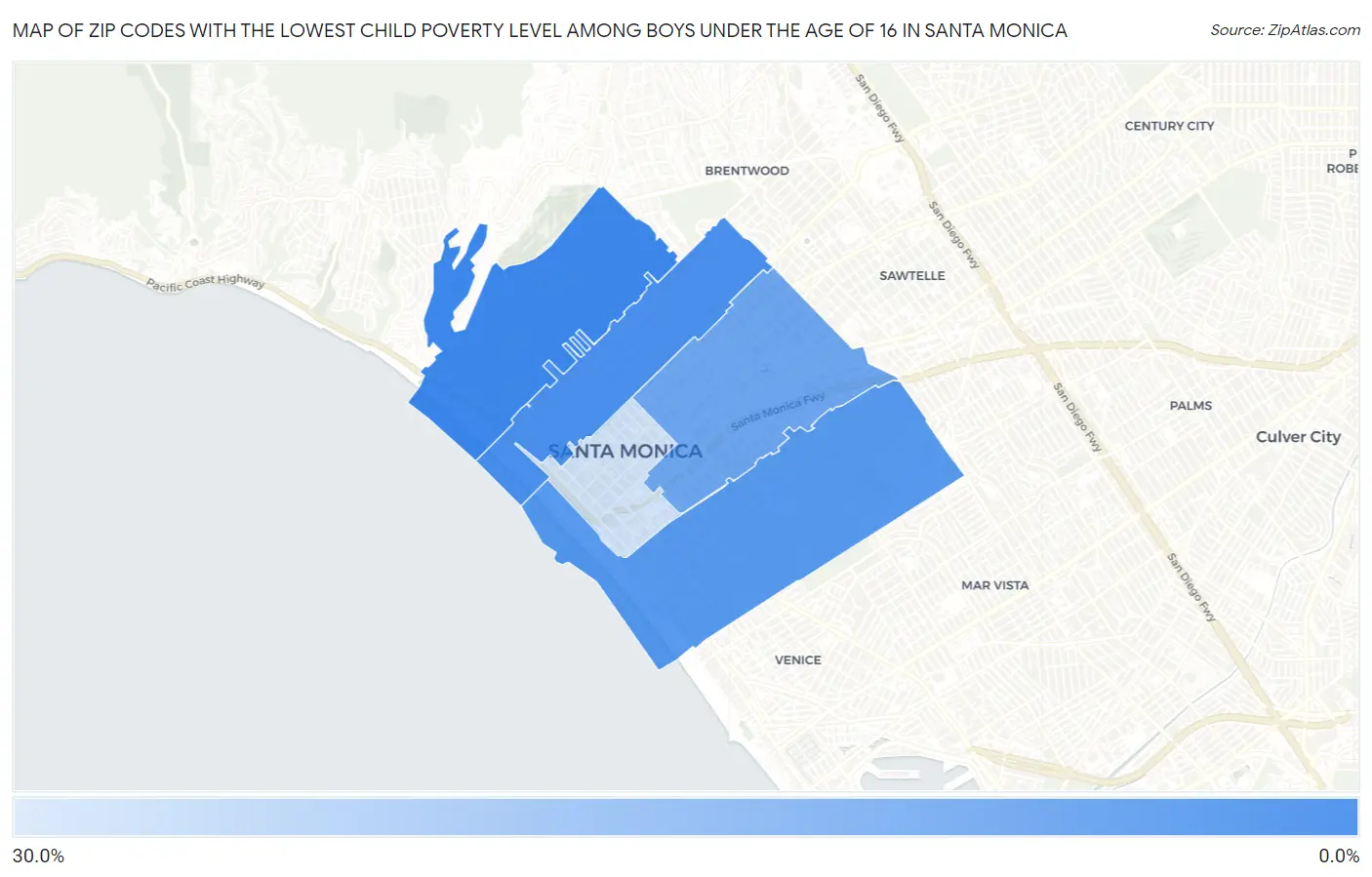 Zip Codes with the Lowest Child Poverty Level Among Boys Under the Age of 16 in Santa Monica Map