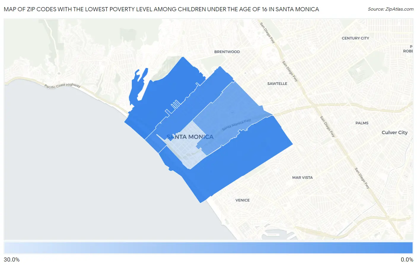 Zip Codes with the Lowest Poverty Level Among Children Under the Age of 16 in Santa Monica Map