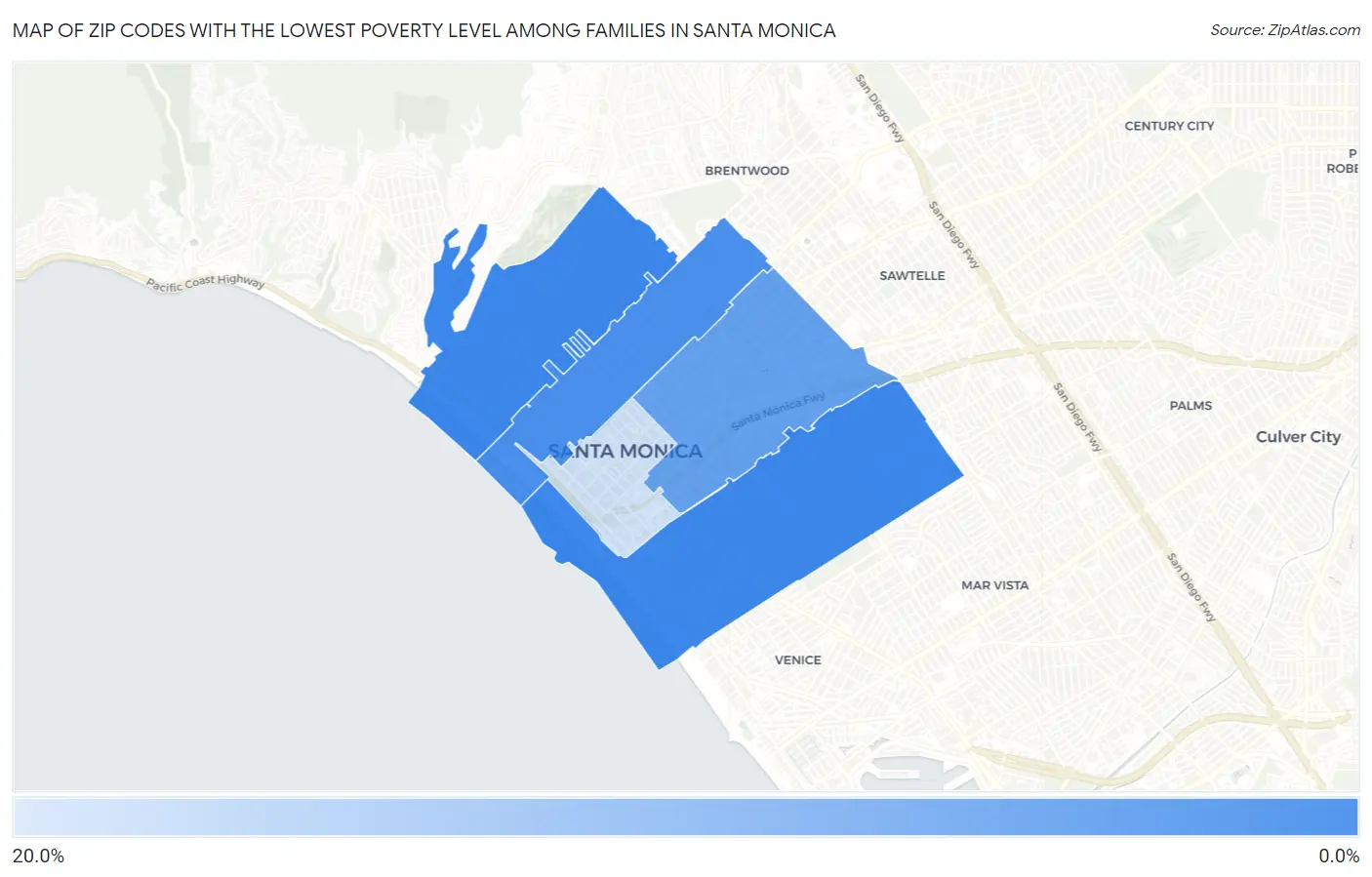 Zip Codes with the Lowest Poverty Level Among Families in Santa Monica Map