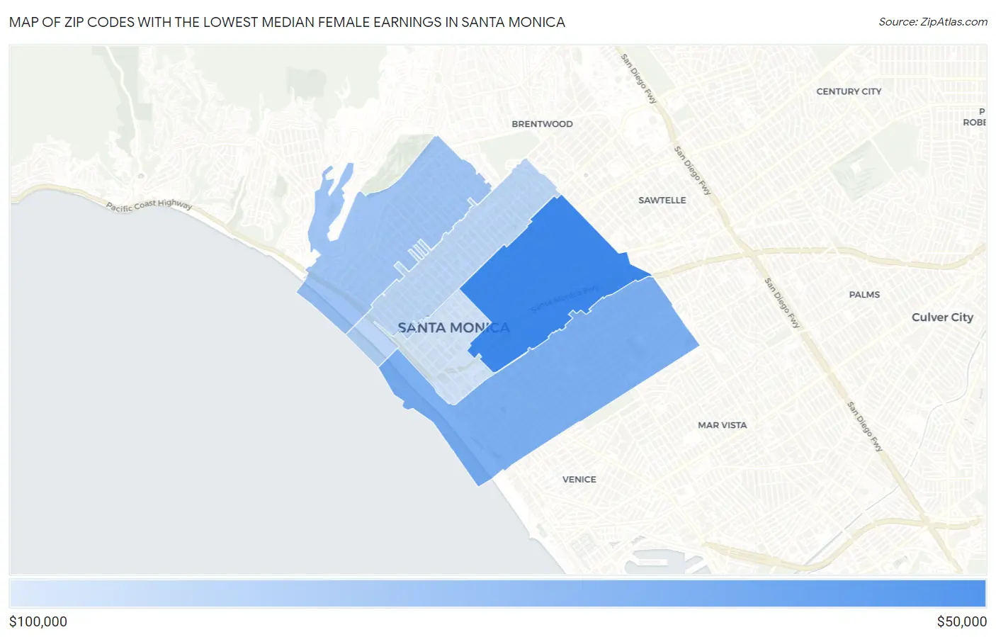 Zip Codes with the Lowest Median Female Earnings in Santa Monica Map
