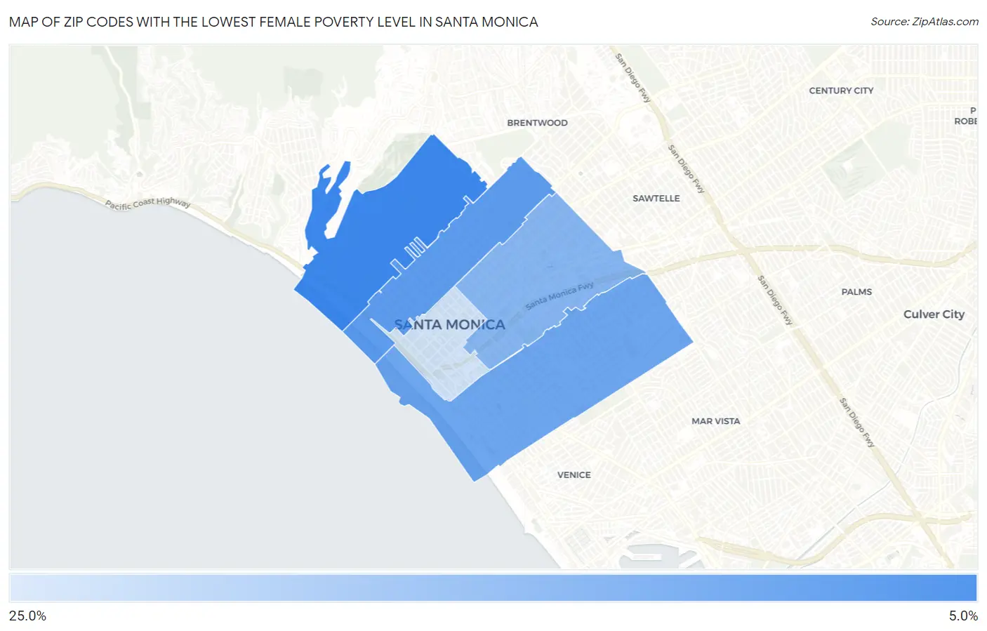 Zip Codes with the Lowest Female Poverty Level in Santa Monica Map