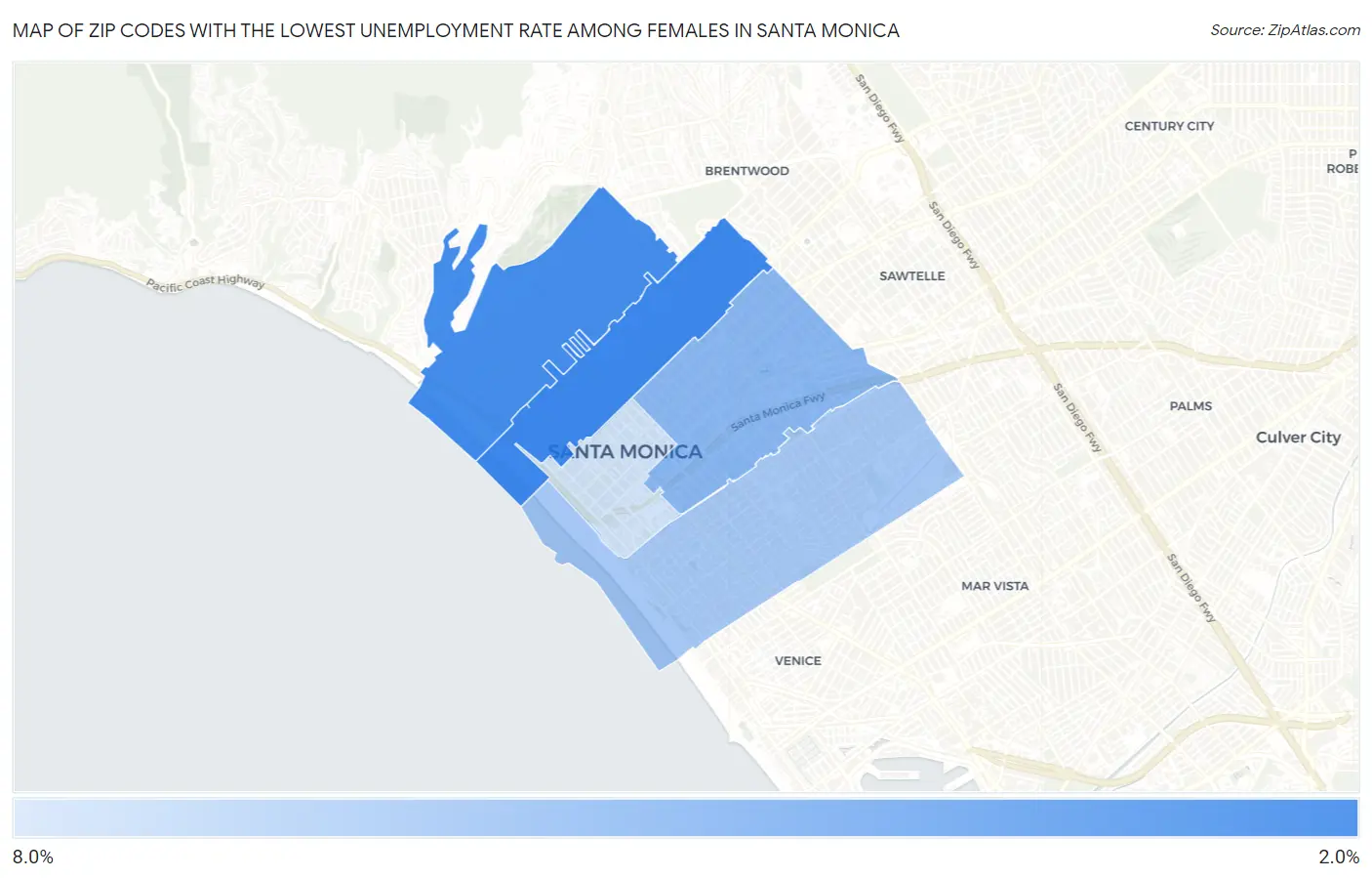 Zip Codes with the Lowest Unemployment Rate Among Females in Santa Monica Map