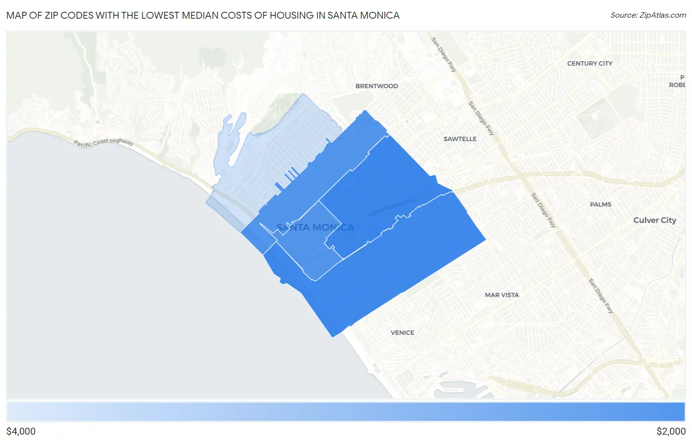 Zip Codes with the Lowest Median Costs of Housing in Santa Monica Map