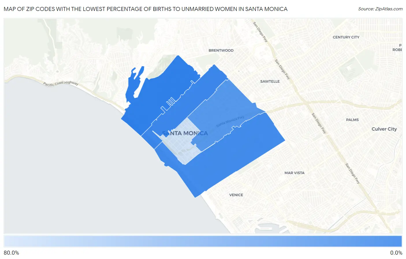 Zip Codes with the Lowest Percentage of Births to Unmarried Women in Santa Monica Map