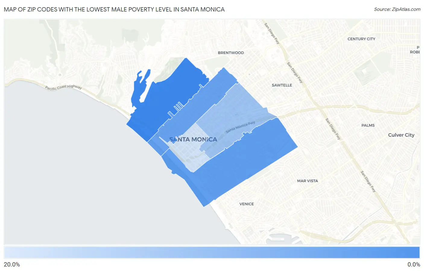 Zip Codes with the Lowest Male Poverty Level in Santa Monica Map