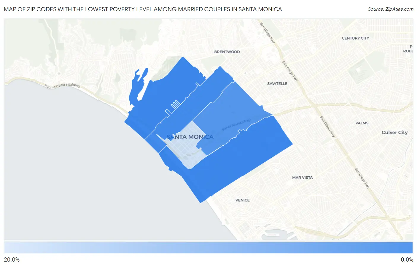Zip Codes with the Lowest Poverty Level Among Married Couples in Santa Monica Map