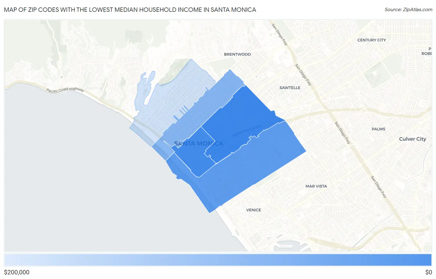 Zip Codes with the Lowest Median Household Income in Santa Monica Map