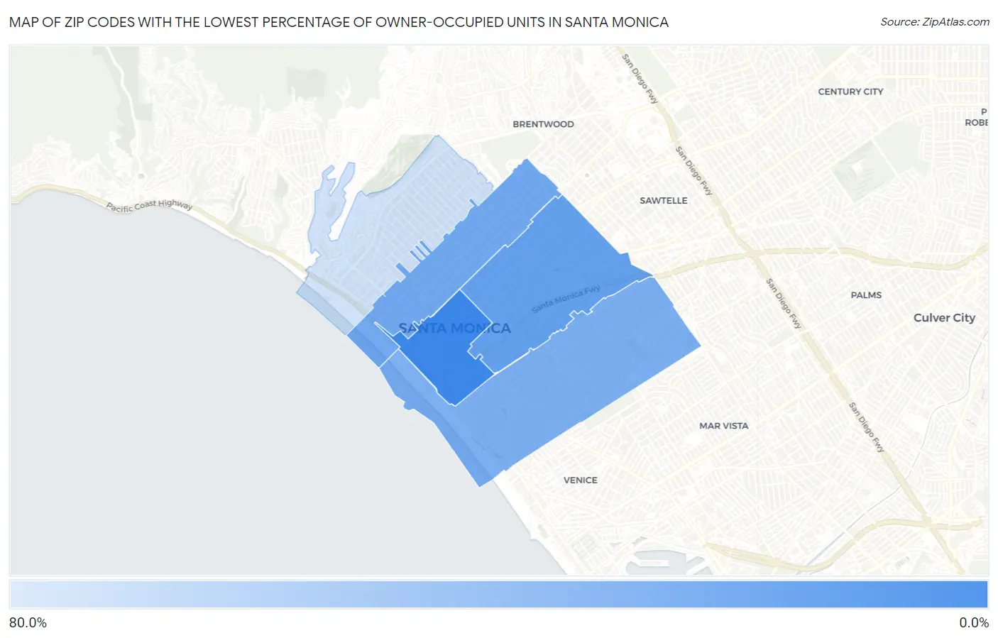 Zip Codes with the Lowest Percentage of Owner-Occupied Units in Santa Monica Map