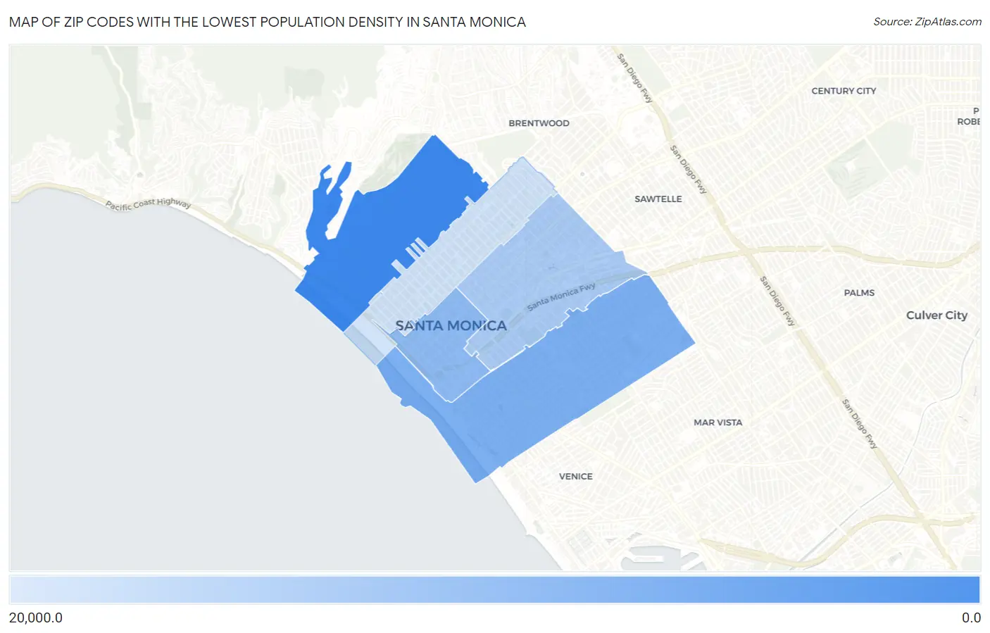 Zip Codes with the Lowest Population Density in Santa Monica Map